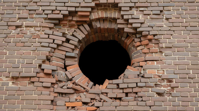 Breached Brickwork: A close-up shot of a weathered brick wall reveals a gaping hole, offering a glimpse beyond its fractured surface.