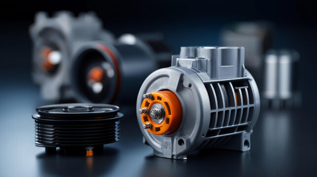 Car alternator and generator collection as automotive electrical charging system components and internal combustion engine hardware isolated on a transparent background.