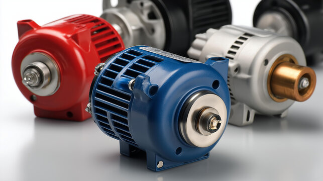 Car alternator and generator collection as automotive electrical charging system components and internal combustion engine hardware isolated on a transparent background.