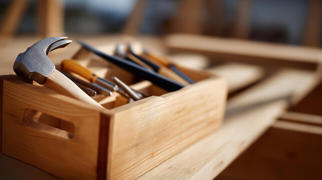 Open carpentry toolbox with hammer, square, and chisels neatly arranged on a plywood deck in a tidy construction setting. Defocused background. Carpentry toolbox plywood, hammer