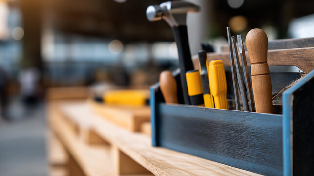 Open carpentry toolbox with hammer, square, and chisels neatly arranged on a plywood deck in a tidy construction setting. Defocused background. Carpentry toolbox plywood, hammer
