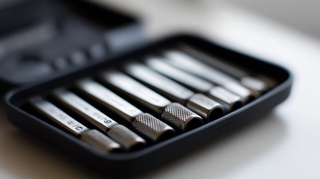 Organized set of metallic hex keys in an open black case on a white background providing essential tools for home and professional repair. Hex keys organized, black case white,