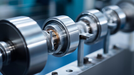 Fototapeta premium Internal combustion engine crankshaft with four pistons attached to connecting rods showcasing precision engineering, metal components, and rotational power. Crankshaft assembly,