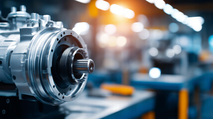 Fototapeta premium Close-up of a modern internal combustion engine in a workshop setting showcasing engineering detail and automotive maintenance. Defocused workshop background. Modern engine