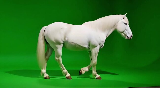 White horse walking across a vibrant green screen background