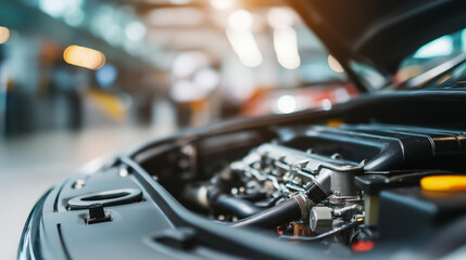 Obraz premium Close-up of a modern car engine compartment with internal combustion engine and hybrid components for automotive maintenance and technology concepts. Defocused background. Car