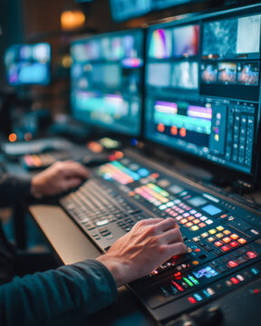 Television Producer Operating Mixing Console in Media Studio