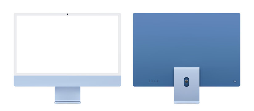 Photorealistic detailed blue pc monitor mockup. Front and rear view isolated on transparent background. Vector PNG