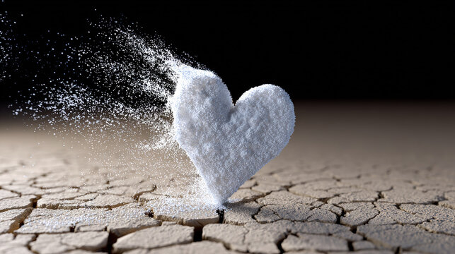 Granulated sugar heart dissolving on cracked surface
