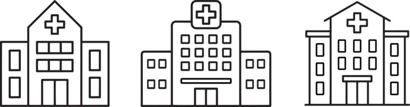 Hospital Building Line Icon, Three different hospital building line icons in a row on white
