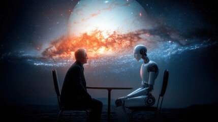 Fototapeta premium Human and humanoid robot discussing technology at desk with holographic interface