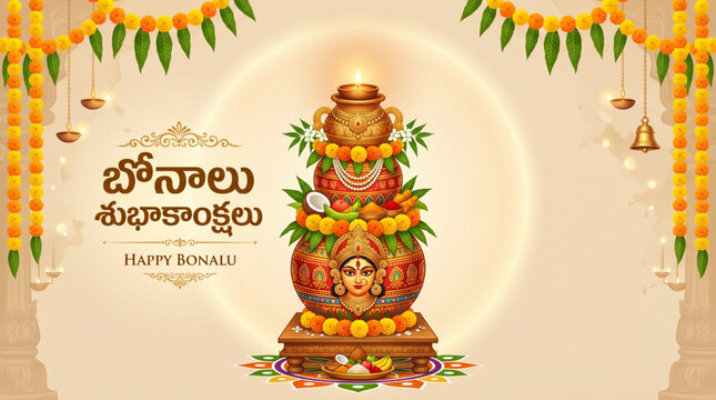 Stack of decorated ritual pots with goddess face and marigold garlands for celebration of happy bonalu festival on beige traditional background
