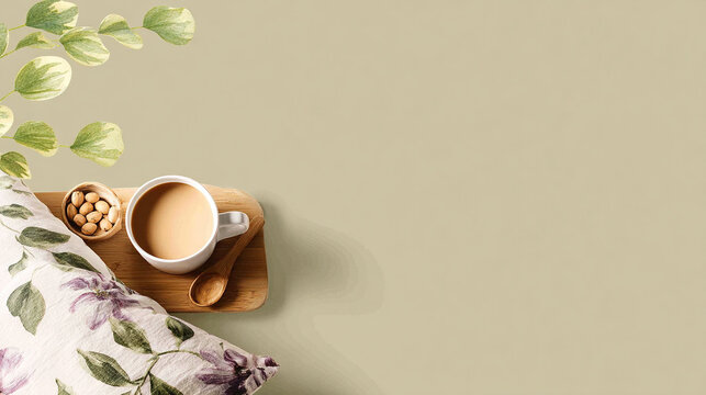 Cozy Corner with Coffee, Spoon, and Floral Textile