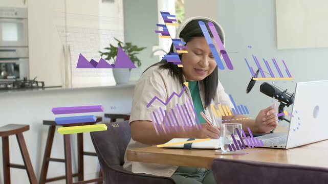 Woman joining call speaking to mic and writing on laptop making charts tracking gestures for work
