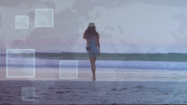 Woman walking toward horizon capturing content, reaching wet sand causing tech squares framing head