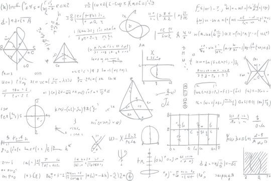 Seamless vector illustration of hand-drawn chemical and math formulas on a school blackboard texture featuring science sketches and algebra equations in a doodle pattern design