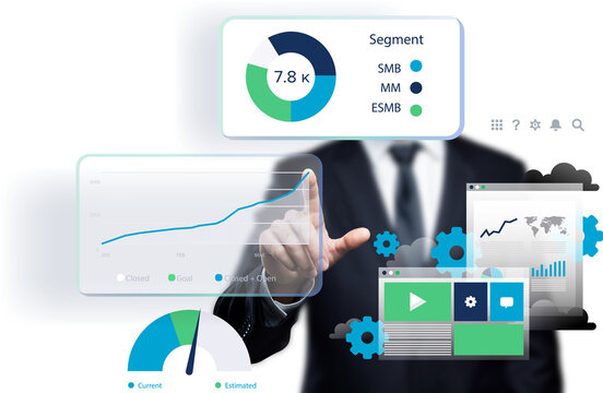 Business professional interacting with virtual analytics dashboard featuring charts, graphs, and performance metrics. Concept of data analysis, financial growth, KPI tracking