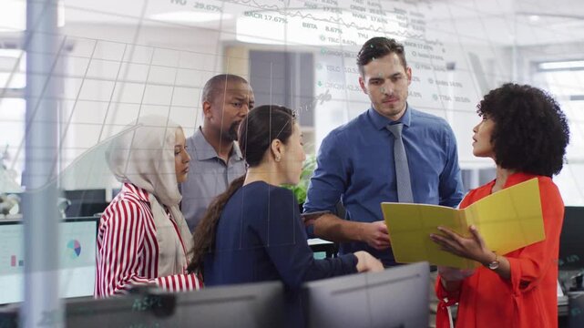 Woman in red blouse opening yellow folder and leading team in business review with glass overlays
