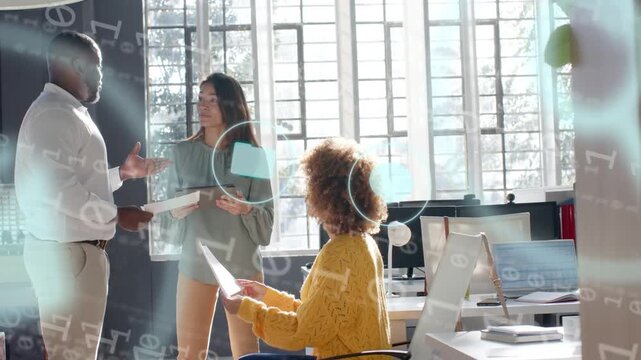 Standing woman tapping tablet initiating floating UI icons team comparing docs aligning business
