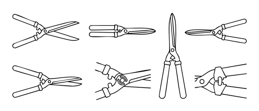 Garden Shears Hedge Trimmer Icon Set, Outline Pruning Scissors Collection for Landscaping and Yard Work Maintenance Graphics, Black and White Vector Illustration Isolated on White Background for Desig