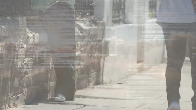 Woman at wall shifting weight as passerby triggers technology overlay scanlines to continue walking