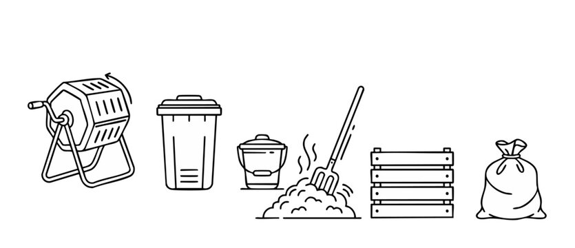 Composting icons set, organic waste management and sustainable gardening tools. Linear illustrations of a compost tumbler, bin, fork with manure, wooden crate, and soil sack for eco friendly recycling