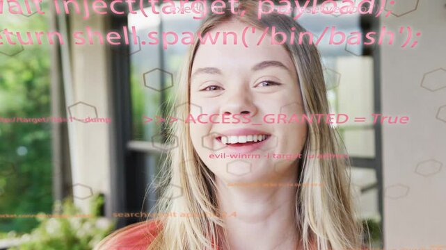 Teenage girl lifting hand, tucking hair on patio, smiling camera-facing while tech code over face