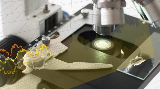 Focus knob turning microscope objective lowering light focusing overlays rising showing sample data