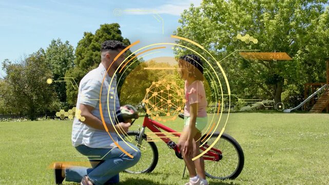Dad walking with helmet, kneeling and fitting helmet on girl for bike safety, HUD overlay centering