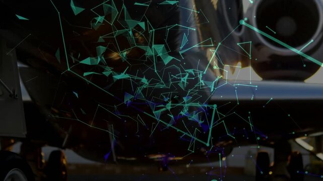 Camera pan initiating teal polygon network drifting across gear and engine, visualizing sensors