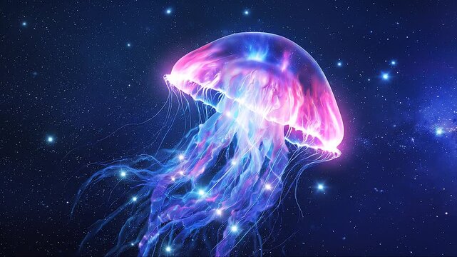 A glowing, translucent jellyfish floats in the deep blue, starry ocean of space. Otherworldly creature illuminated by vibrant pink light, electrically charged against the dark cosmic background