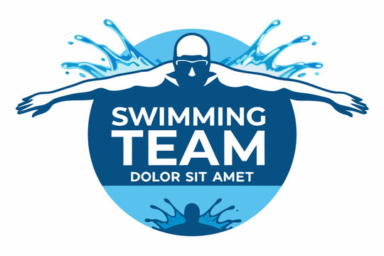 Swimming team logo with swimmer silhouette and water splashes
