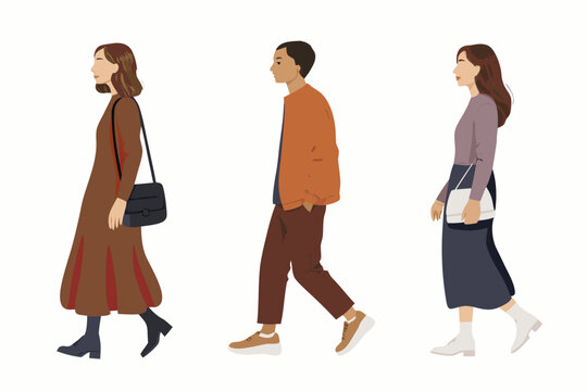 three people walking flat color vector illustration on white background