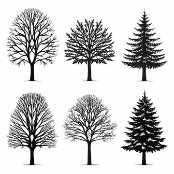 Six tree silhouettes line art vector illustration on white background