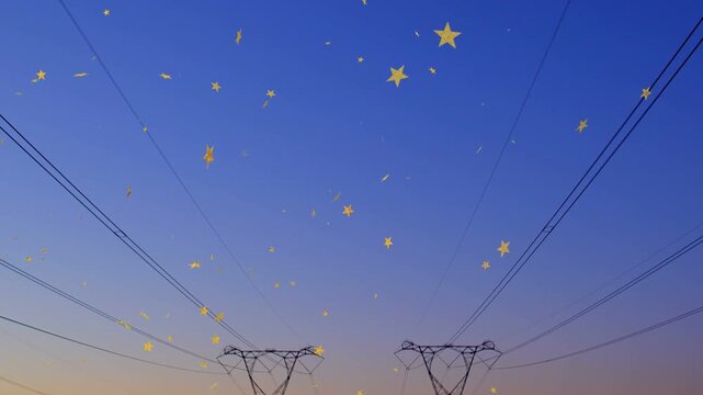 Yellow stars starting with larger star appearing drifting down between power lines revealing towers