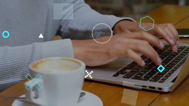 Graphic overlays appearing then fading, forearms typing and tapping trackpad to complete work