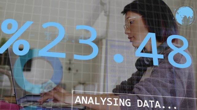 Female student typing on laptop, generating floating data overlays and charts for business analysis
