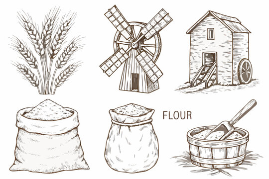 Vintage farm illustrations wheat windmill barn sacks of flour and barrel