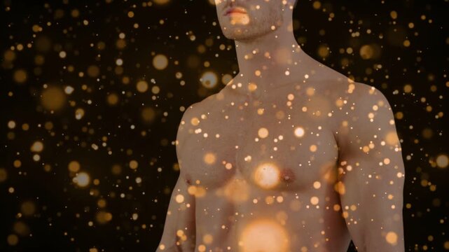 Male model holding pose, camera moving down, golden particles drifting, highlighting torso for film