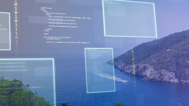 Motorboat moving through bay, wake causing AR code panels appearing, streaming binary, then fading