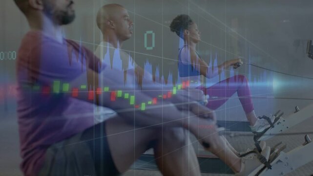 Camera panning starting three rowers syncing strokes for training, overlaying stock charts