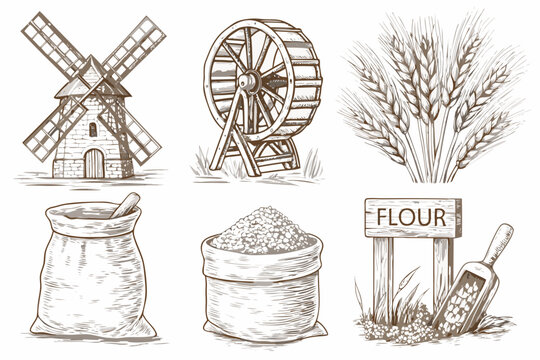 Vintage farm illustrations windmill water wheel wheat grain and flour