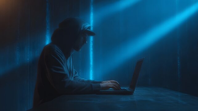 A mysterious figure working on a laptop illuminated by dramatic blue neon glow and digital data streams