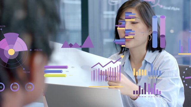 Colleague speaking, woman analyst pointing to report, explaining business data with animated charts