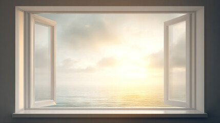Fototapeta premium Open Window with Sunrise Over Water