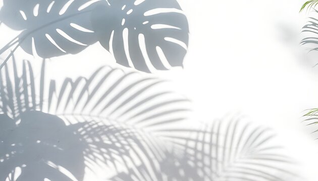 Monstera and palm leaf shadows on white background for decorative designs