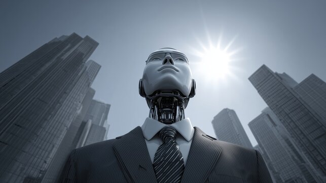 Humanoid robot in futuristic business district exploring recursive self-improvement
