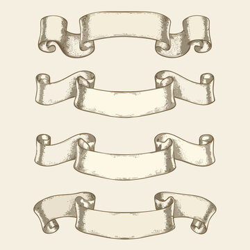 vintage scroll banners parchment style sketch illustration set