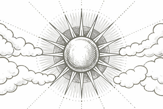 Vintage sun and cloud engraving scientific illustration style