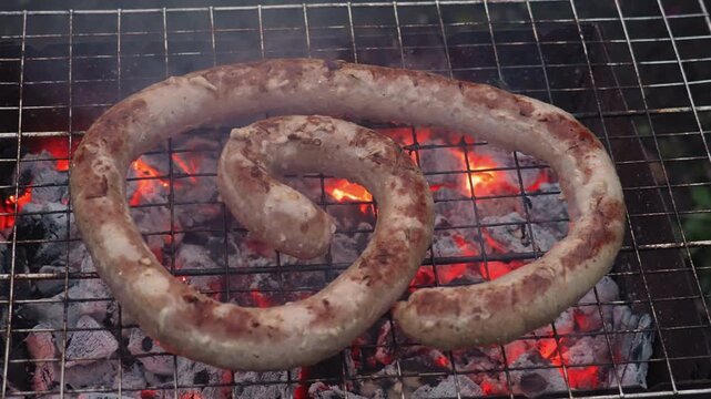 Closeup coiled sausage on charcoal. Large spiral casing browning above ember bed, juices glistening and fat crackling, smoky aroma and charred texture, rustic outdoor grill scene evoking festival